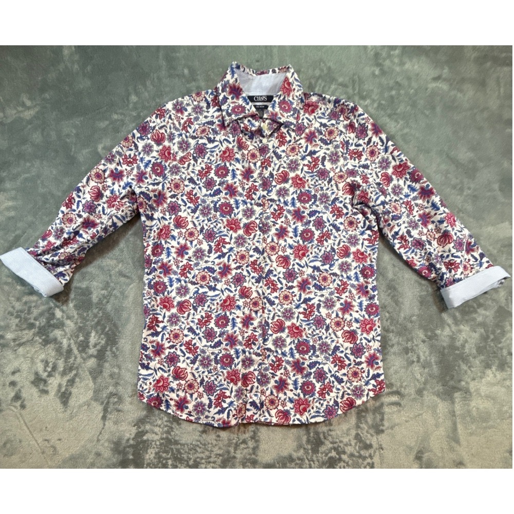 Chaps Womens Floral Paisley No Iron Button Down Shirt Red Blue White Size M Top